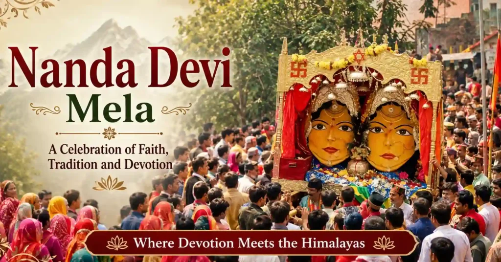Devotees celebrating Nanda Devi Mela with the sacred procession of the goddess in Uttarakhand