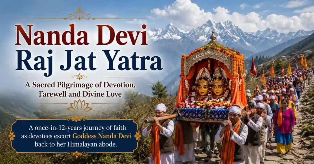 Devotees carrying the sacred palanquin during the Nanda Devi Raj Jat Yatra in Uttarakhand