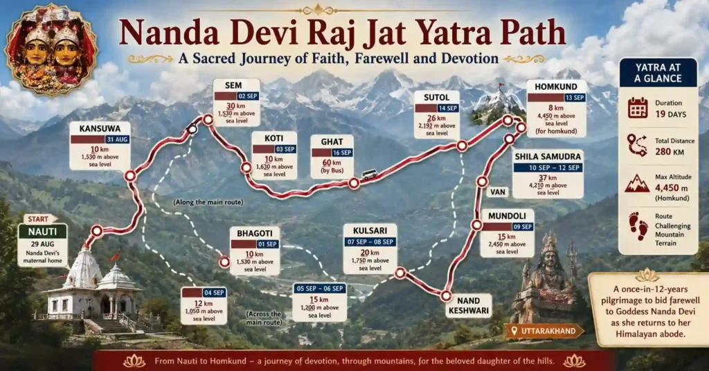 Infographic showing the sacred Nanda Devi Raj Jat Yatra route from Nauti to Homkund in Uttarakhand