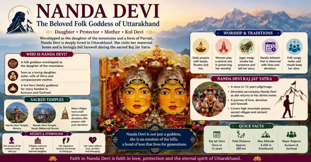 Infographic explaining the story, worship, Raj Jat Yatra, temples, and folk traditions of Nanda Devi