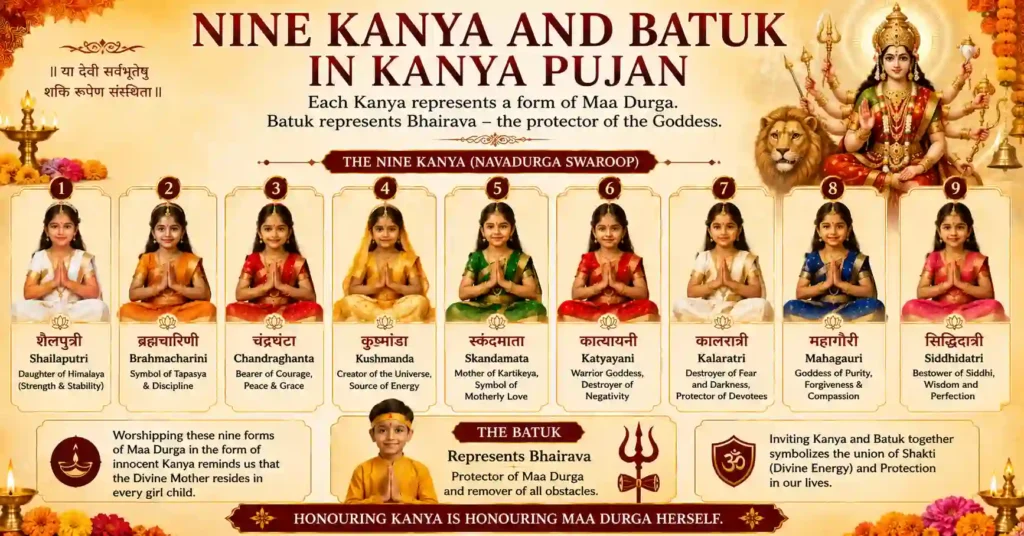 Infographic showing the Nine Kanya representing Navadurga and Batuk representing Bhairava in Kanya Pujan.
