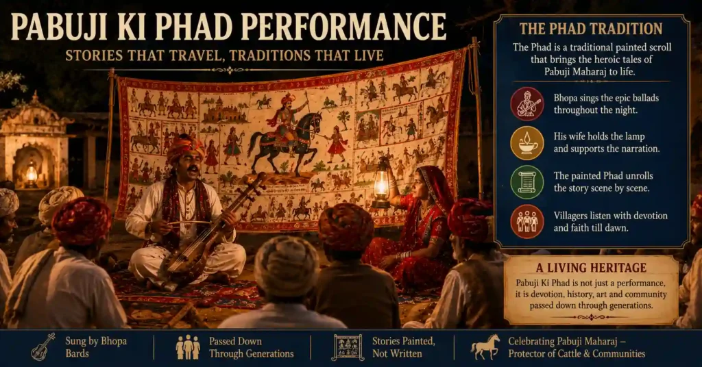 Traditional Bhopa performing Pabuji Ki Phad before a painted scroll while villagers gather in devotion