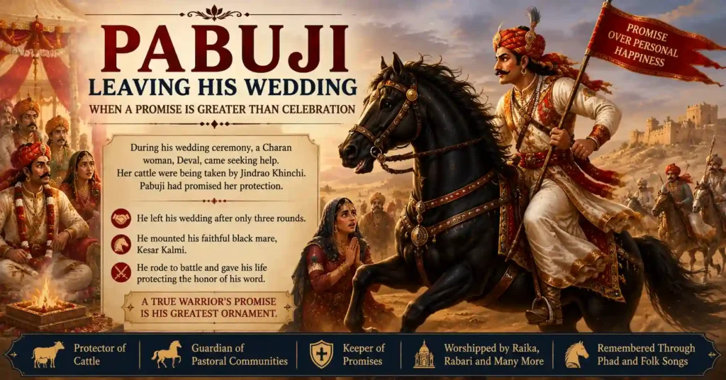 Pabuji leaving his wedding on his black mare Kesar Kalmi to rescue stolen cattle and fulfill his promise