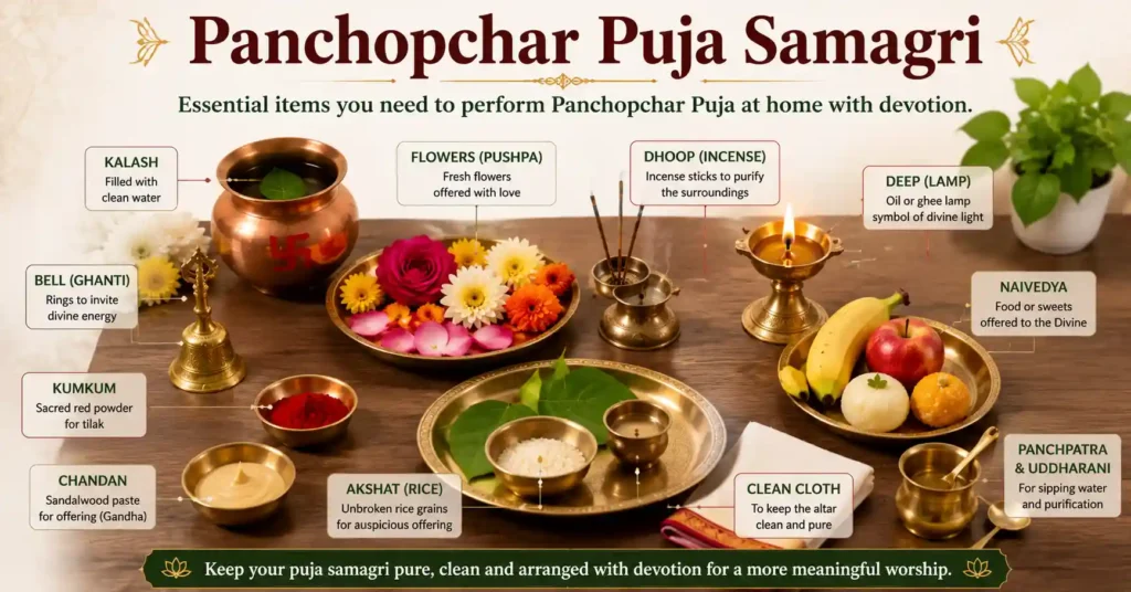 Panchopchar Puja Samagri list showing the essential items required to perform Panchopchar Puja at home.