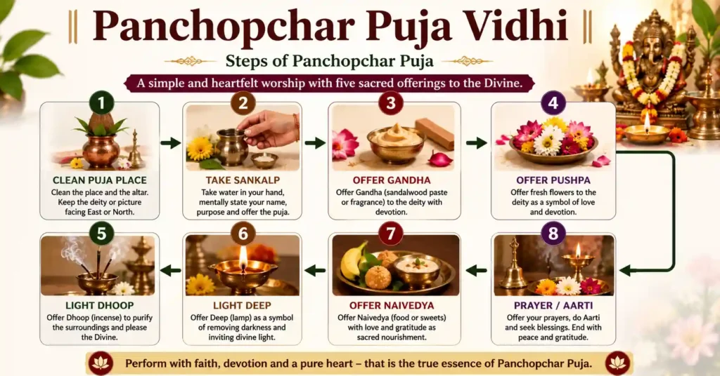 Step-by-step Panchopchar Puja Vidhi infographic explaining the correct sequence of the five sacred offerings in Hindu worship.