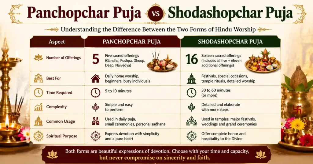 Comparison infographic explaining the differences between Panchopchar Puja and Shodashopchar Puja in Hindu rituals.