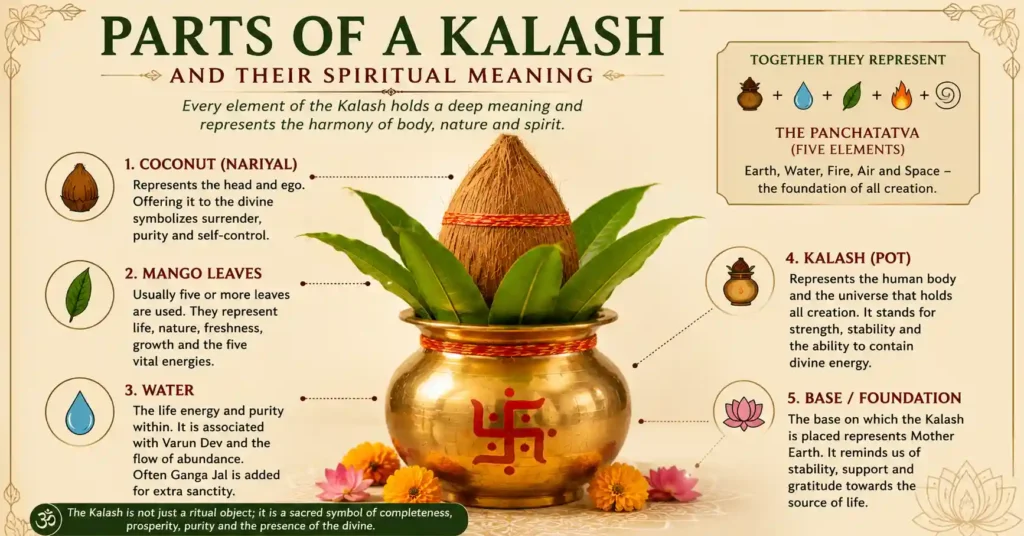 Infographic explaining the parts of a Kalash including the coconut, mango leaves, water, Kalash pot, and their spiritual symbolism in Hindu rituals.