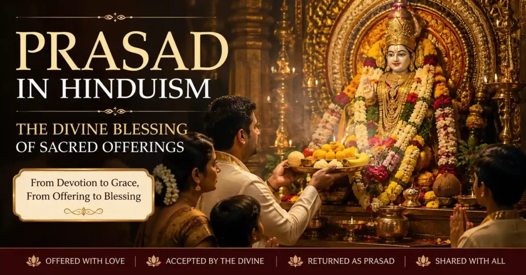 Devotees offering Naivedya to a Hindu deity and receiving Prasad as a symbol of divine grace and blessings in Hinduism.