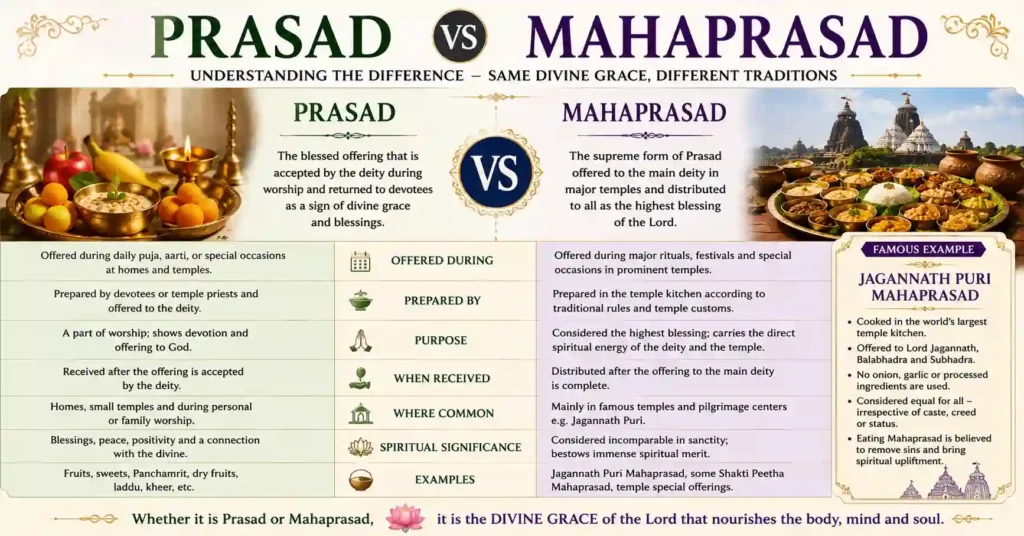 Infographic explaining the difference between Prasad and Mahaprasad, including Jagannath Puri Mahaprasad and their spiritual significance in Hinduism.