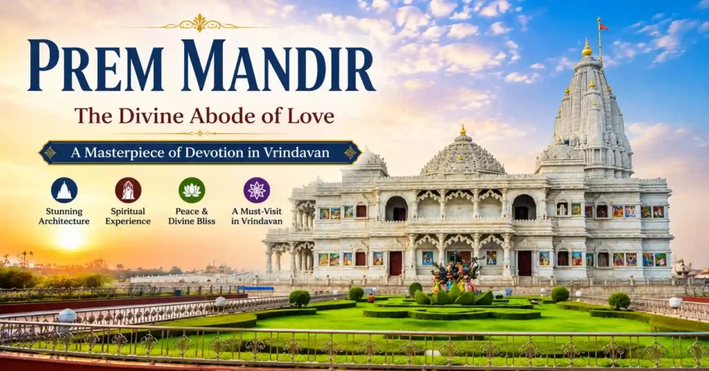 Prem Mandir in Vrindavan, the magnificent white marble temple dedicated to Radha and Krishna.