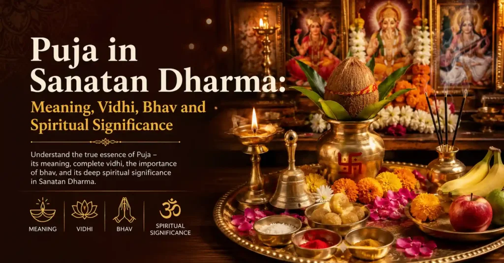 Devotee performing Puja in Sanatan Dharma with diya, kalash, flowers and sacred offerings, representing the meaning, vidhi, bhav and spiritual significance of Hindu worship.