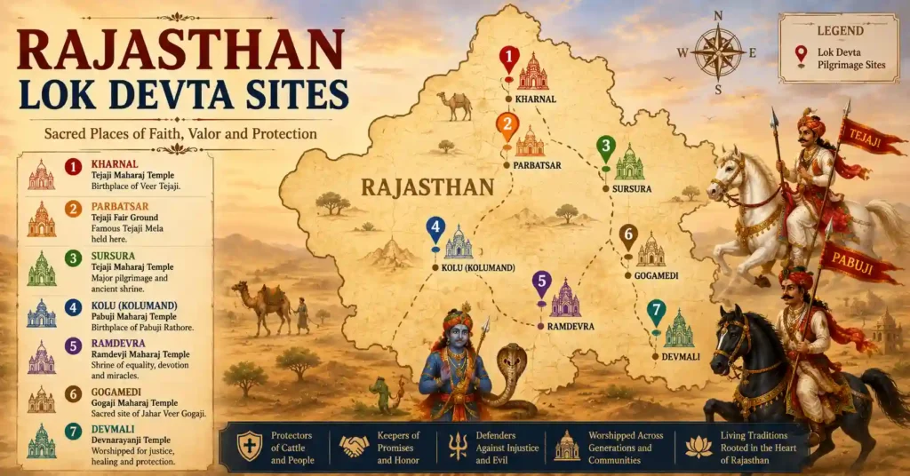 Map showing the major pilgrimage sites of Rajasthan Lok Devtas including Tejaji, Pabuji, Gogaji, Ramdevji, and Devnarayanji