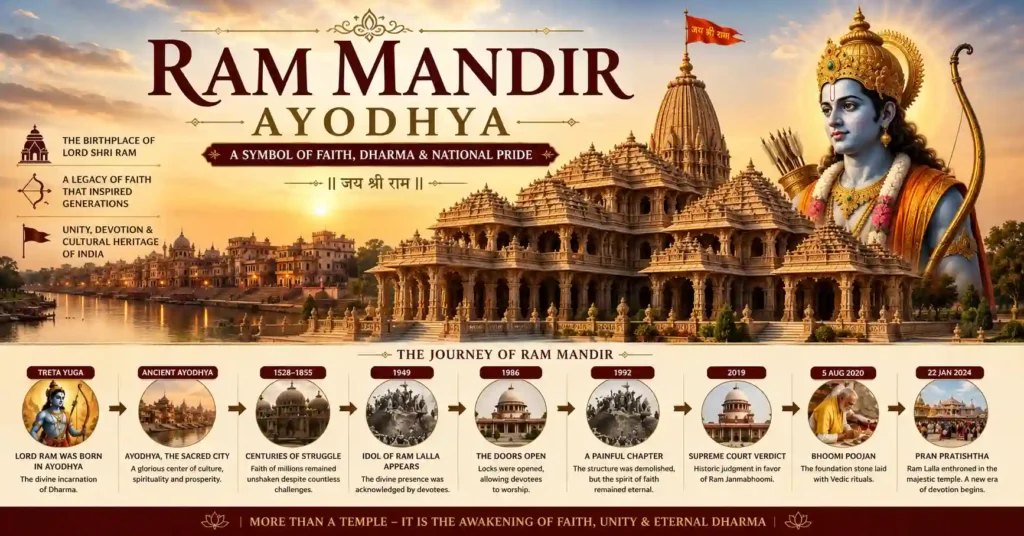 Ram Mandir in Ayodhya, the sacred birthplace of Lord Shri Ram and one of the Seven Holy Cities of Saptapuri.