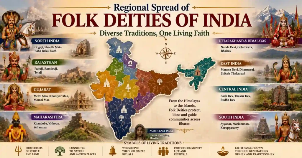 Illustrated map showing the regional spread of Folk Deities of India across North, South, East, West, Central, Himalayan, and North East regions with representative folk deity traditions.