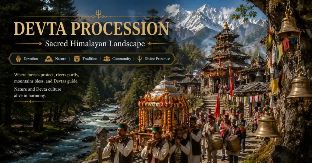 Sacred Himalayan landscape with forests, river, traditional temple, temple bells, and snow-covered mountains reflecting the living Devta culture.