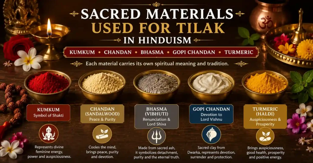 Sacred materials used for Tilak in Hinduism including Kumkum, Chandan, Bhasma, Gopi Chandan and Turmeric with their spiritual meanings
