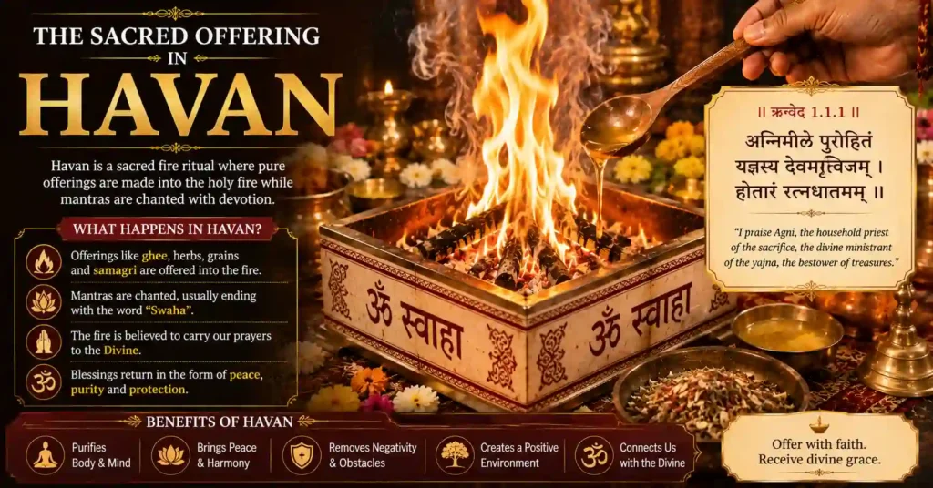 Devotee offering ghee into the sacred Havan fire while chanting mantras during a Vedic fire ritual.