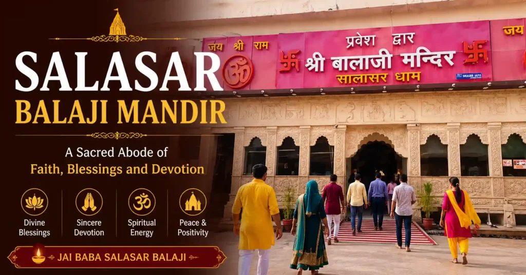 Entrance view of Salasar Balaji Mandir in Rajasthan with devotees arriving for darshan at the sacred Hanuman temple.