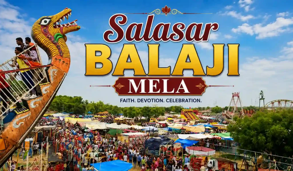 Vibrant view of the annual Salasar Balaji Mela with thousands of devotees, rides, and festive celebrations in Rajasthan.