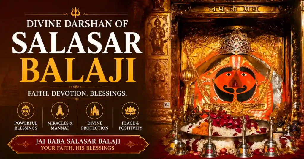 Divine idol of Salasar Balaji, the unique bearded form of Lord Hanuman worshipped by millions of devotees.