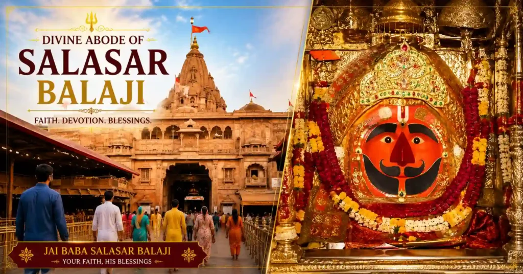 Salasar Balaji Temple and the sacred idol of Lord Hanuman shown together, highlighting the temple's spiritual significance.