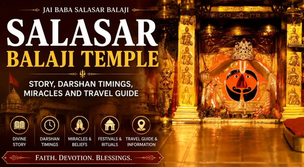 Salasar Balaji Temple with the sacred idol of Lord Hanuman, featuring the complete guide to history, darshan timings, miracles, and travel information.