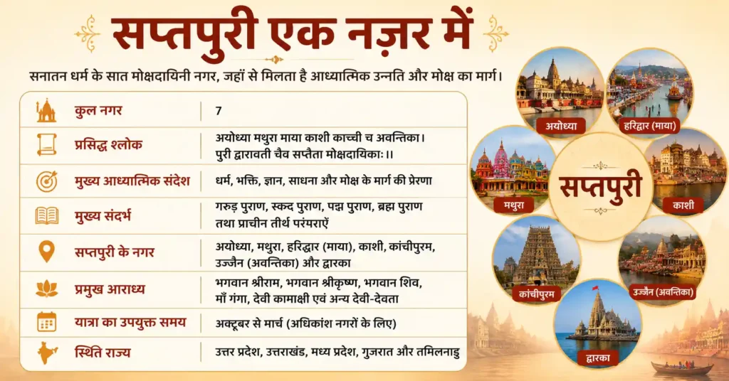 सप्तपुरी एक नज़र में – सात मोक्षदायिनी नगर, प्रमुख श्लोक, आध्यात्मिक संदेश और यात्रा की जानकारी
