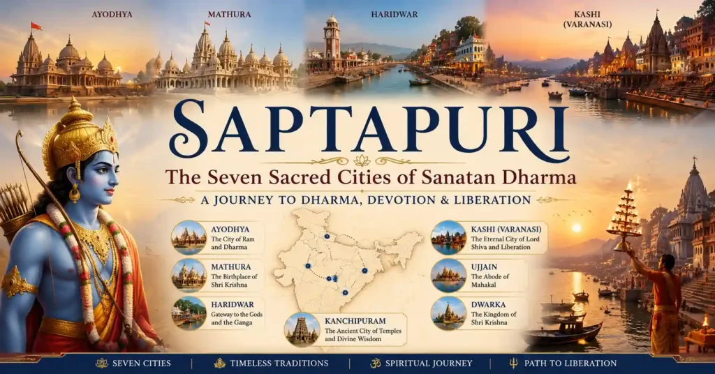 Illustration of Saptapuri, the Seven Holy Cities in Sanatan Dharma, representing Ayodhya, Mathura, Haridwar, Kashi, Kanchipuram, Ujjain, and Dwarka.