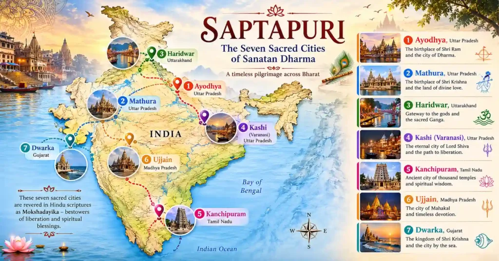 Illustrated map of Saptapuri showing the Seven Holy Cities in Sanatan Dharma: Ayodhya, Mathura, Haridwar, Kashi (Varanasi), Kanchipuram, Ujjain, and Dwarka across India.