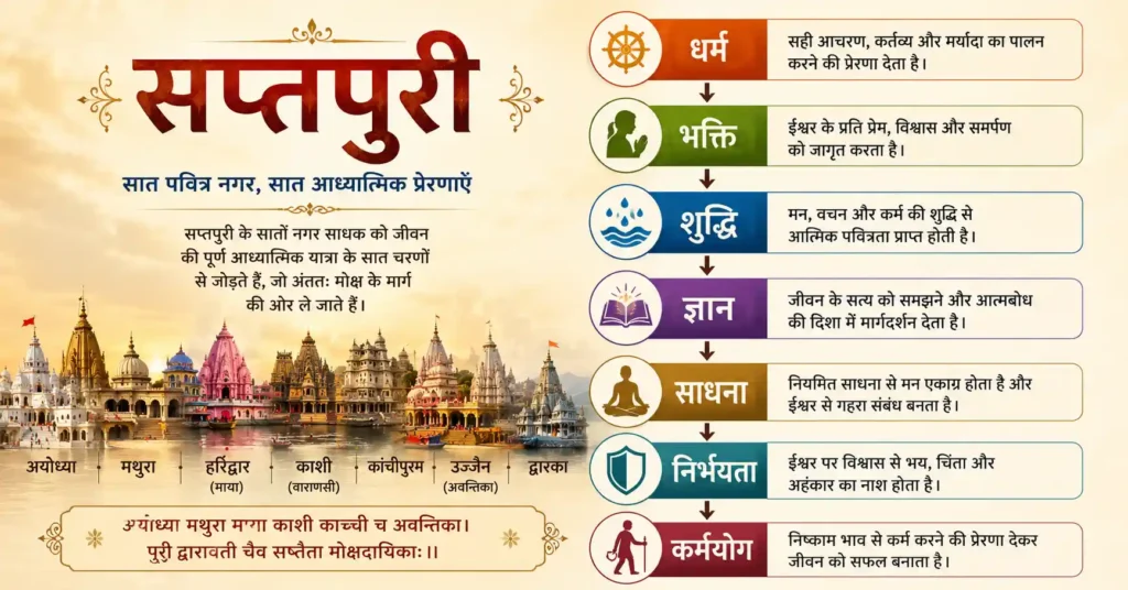सप्तपुरी की आध्यात्मिक यात्रा – धर्म से कर्मयोग तक सात आध्यात्मिक चरणों का सार