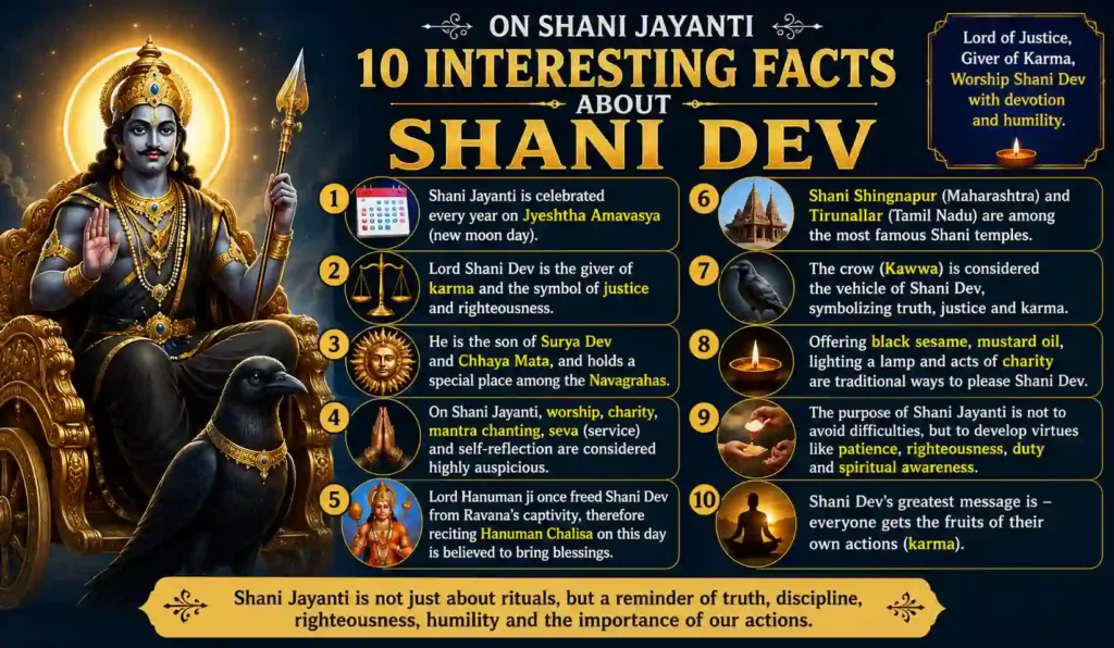 Infographic featuring 10 interesting facts about Shani Dev, including Shani Jayanti, karma, justice, Navagrahas, Hanuman Ji, famous Shani temples, worship traditions, and the spiritual teachings of Lord Shani.