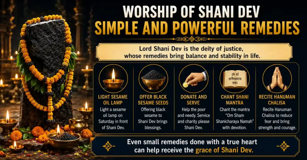 Devotional infographic showing simple and powerful Shani Dev worship remedies including sesame oil lamp, black sesame, mantra chanting and Hanuman Chalisa