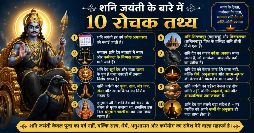 शनि जयंती के 10 रोचक तथ्य दर्शाता इन्फोग्राफिक, जिसमें भगवान शनि देव, कर्मफल, न्याय, शनि जयंती, हनुमान जी, प्रमुख शनि मंदिर और आध्यात्मिक शिक्षाओं की जानकारी दी गई है।