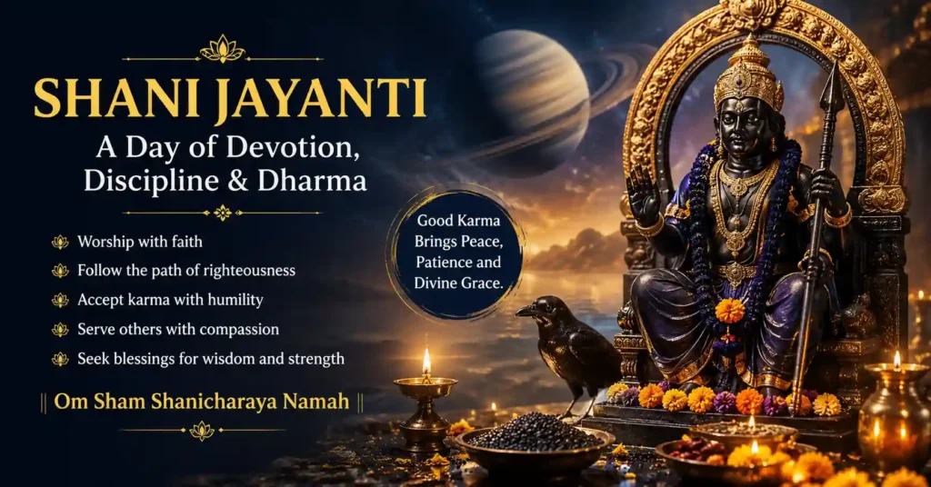 Lord Shani Dev with Saturn and sacred offerings, inspiring devotion, discipline, dharma, patience, and good karma on Shani Jayanti
