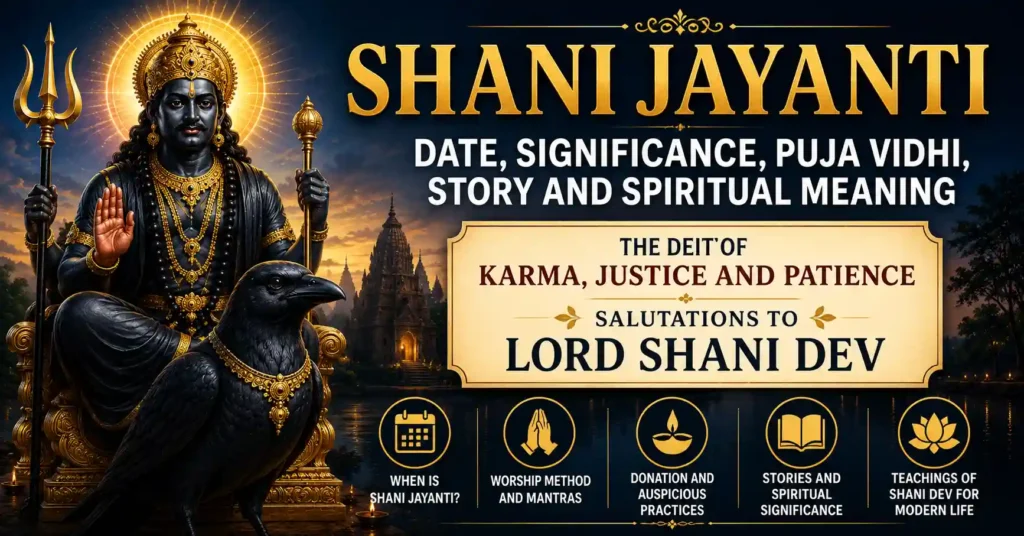 Lord Shani Dev with his sacred crow representing karma, justice, discipline and the spiritual significance of Shani Jayanti