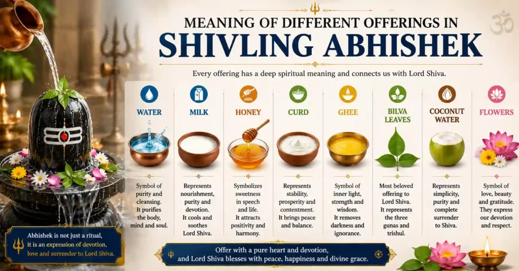 Infographic explaining the spiritual meaning of different offerings used in Shivling Abhishek