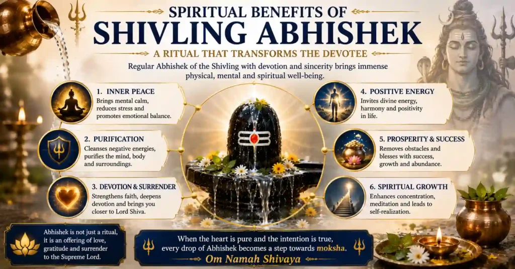 Illustration highlighting the spiritual benefits of Shivling Abhishek including peace, devotion and prosperity