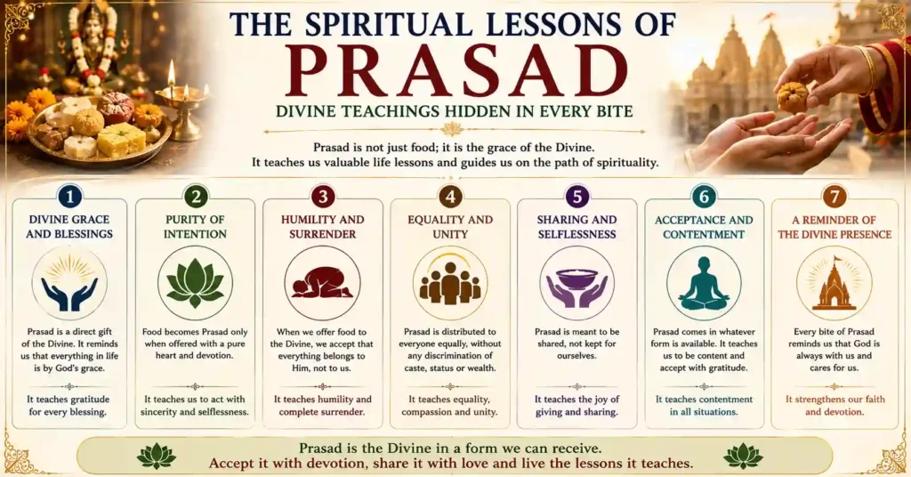 Infographic illustrating the spiritual lessons of Prasad in Hinduism, including divine grace, gratitude, devotion, humility, equality, sharing, and selfless service.