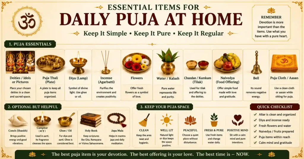 Infographic showing the essential items required for daily puja at home, including deities, diya, flowers, incense, kalash, bell, naivedya, and a practical daily puja checklist.