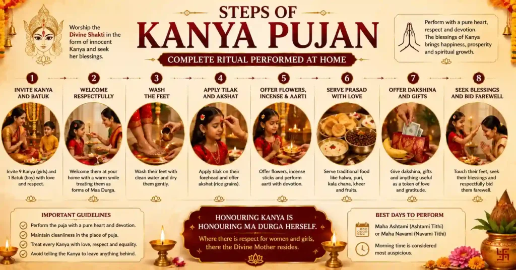 Step-by-step guide to performing Kanya Pujan at home, from welcoming Kanya and Batuk to offering food and seeking blessings.