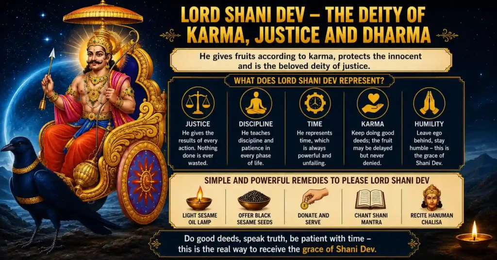 Lord Shani Dev's teachings on karma, justice, discipline, humility and simple spiritual practices for righteous living