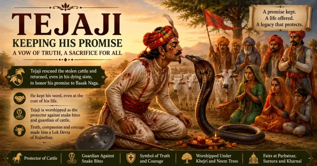 Tejaji offering his tongue to Basak Naga after rescuing cattle and keeping his sacred promise