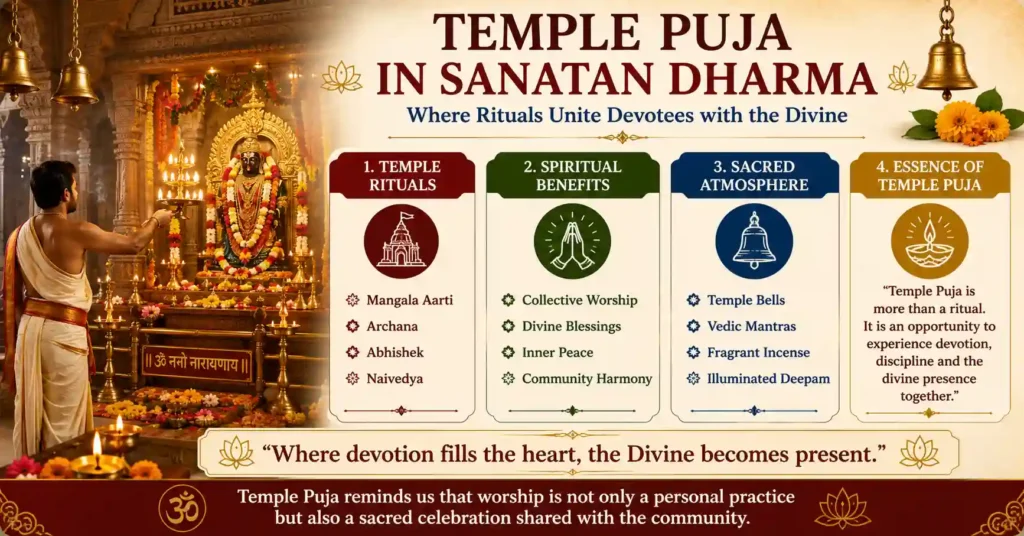 Priest performing temple Puja with aarti before the deity, illustrating temple rituals, spiritual benefits and the sacred atmosphere of Hindu worship.