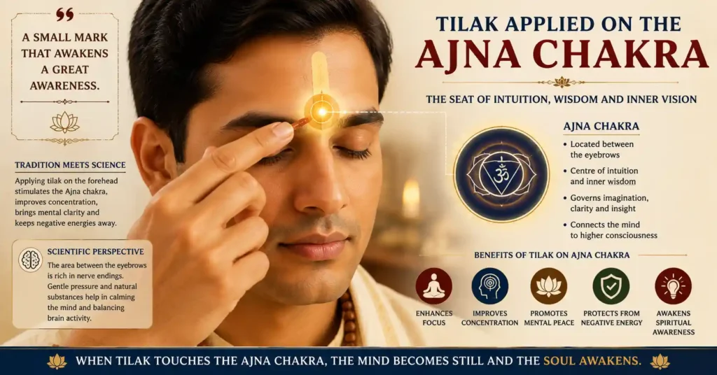 Devotee applying sandalwood tilak on the Ajna Chakra highlighting its spiritual and symbolic significance in Hinduism
