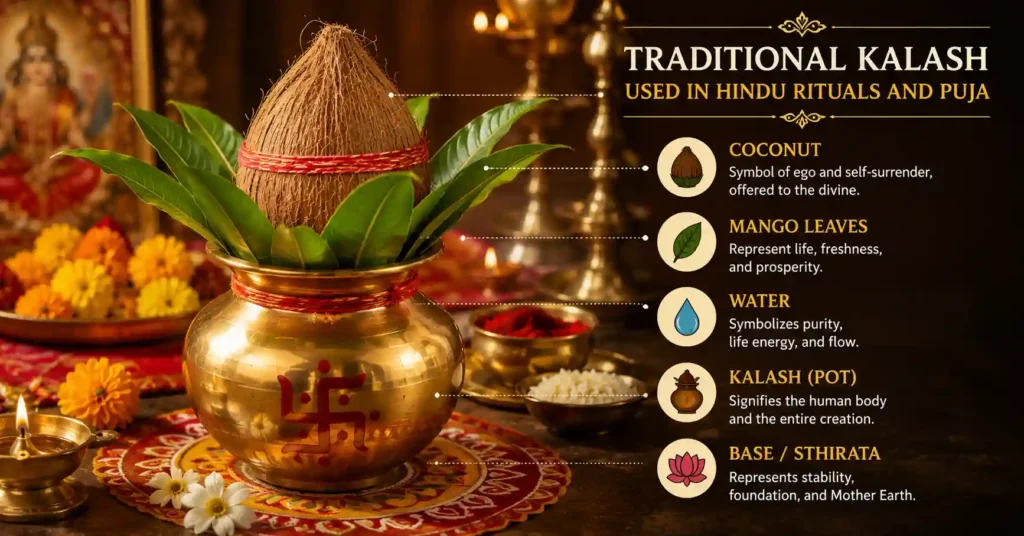 A traditional brass Kalash filled with water, decorated with mango leaves and a coconut, placed in a Hindu puja setup.