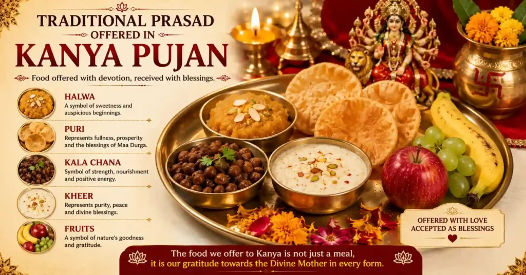 Traditional Kanya Pujan prasad including halwa, puri, kala chana, kheer and fruits with their spiritual significance.