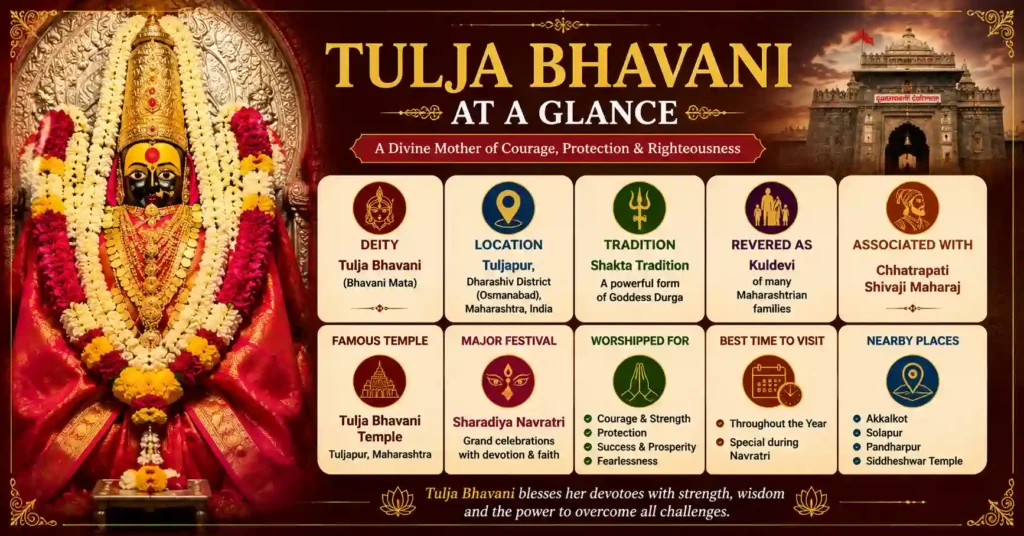 Infographic highlighting Tulja Bhavani, Tuljapur Temple, festivals, worship, and spiritual significance at a glance