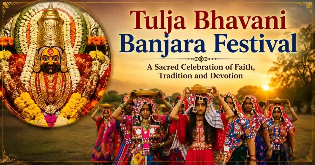 Devotees celebrating the Tulja Bhavani Banjara Festival with traditional procession and folk customs