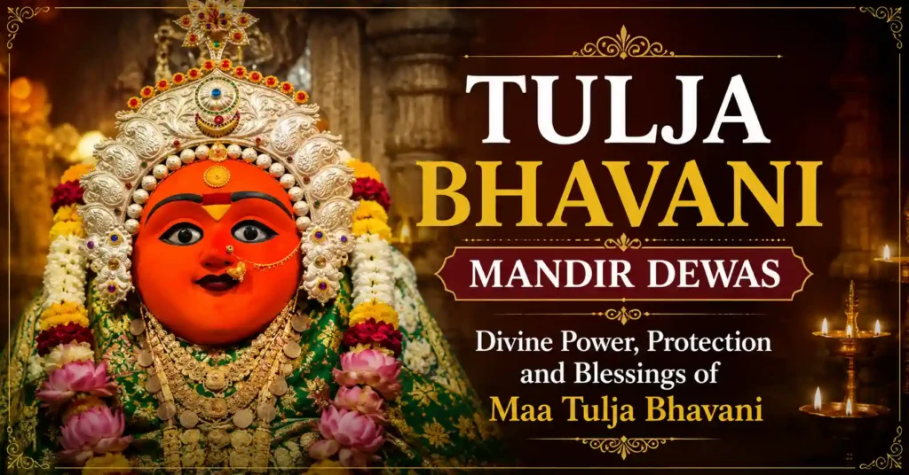 Tulja Bhavani idol at Tulja Bhavani Mandir, Dewas, adorned with traditional ornaments and flowers