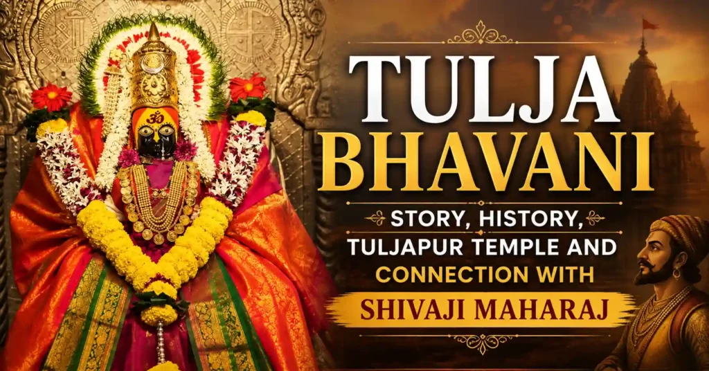 Tulja Bhavani idol at Tuljapur Temple with artwork representing her connection with Shivaji Maharaj